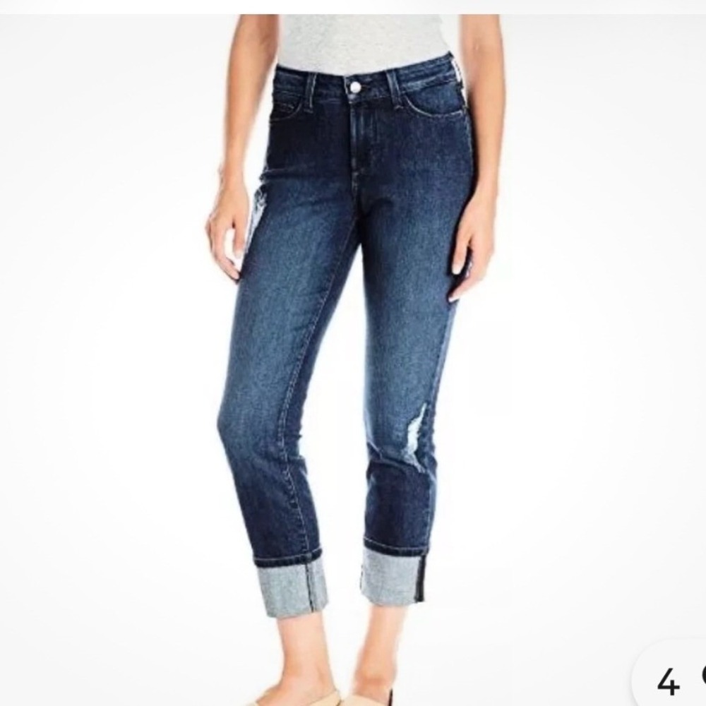 NYDJ Lorena Boyfriend Jeans Womens 14 Blue Excellent Distressed Cuffed Stretch